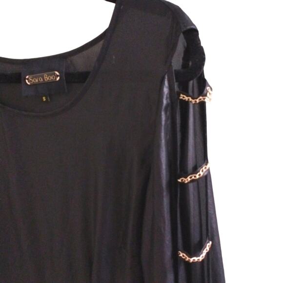 Sarah Boo Mini Dress Sz S Black Tunic Modern Cut Out Chains Glam Punk Goth City - Picture 2 of 15